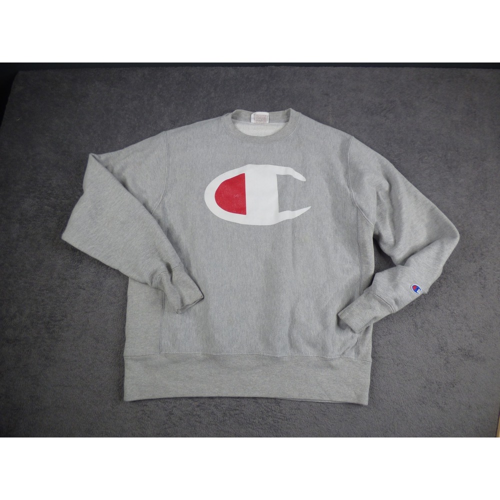 Champion Reverse Weave Sweatshirt Mens Medium Gray Big C Logo Back Script Crew